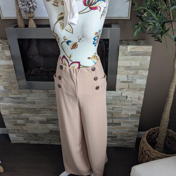 Revamped Wide Leg Pants in Cream with Button Detail - Picture 2 of 4
